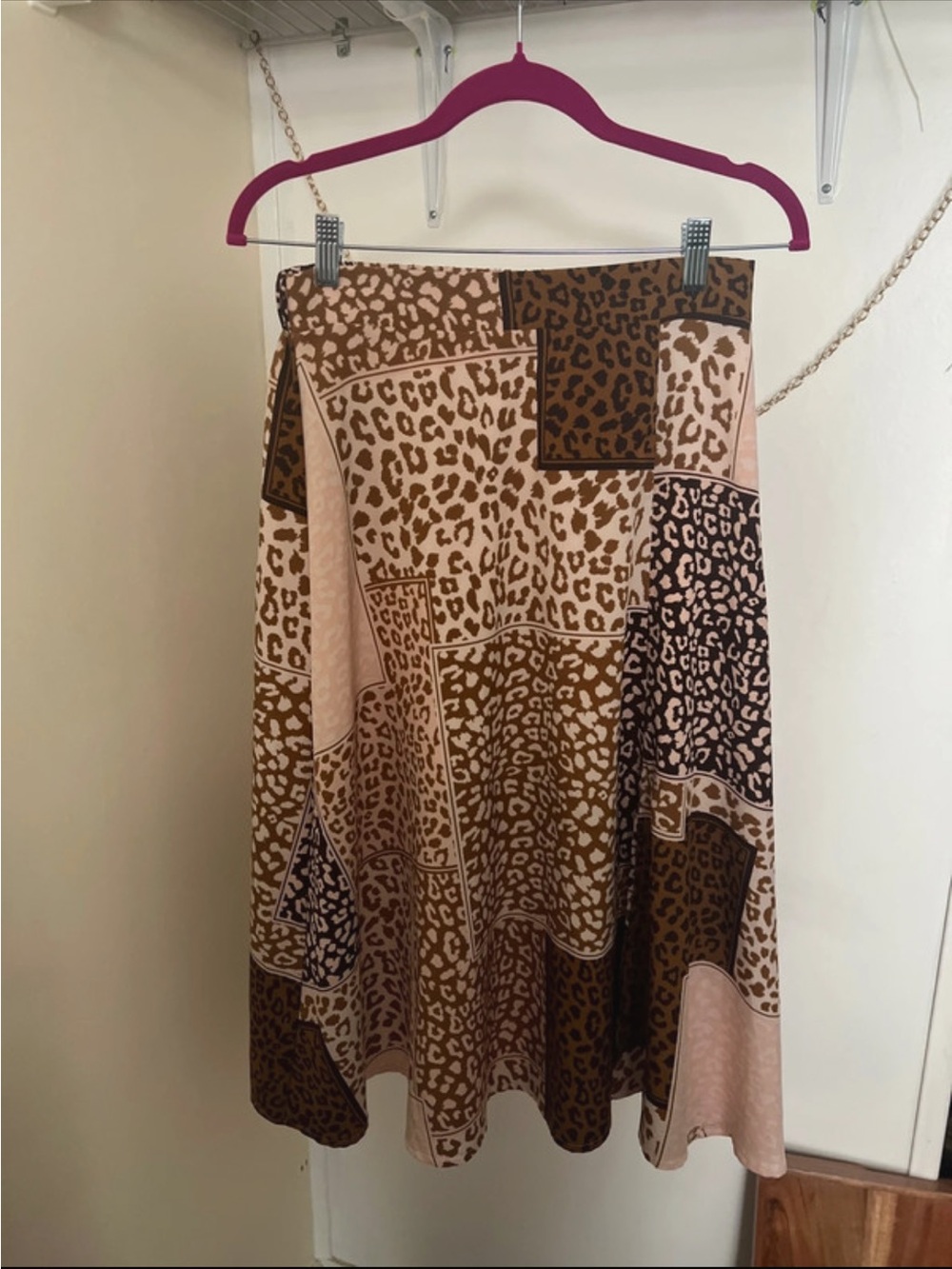 SHEIN Brown & Pink Patchwork Leopard Print Midi Skirt